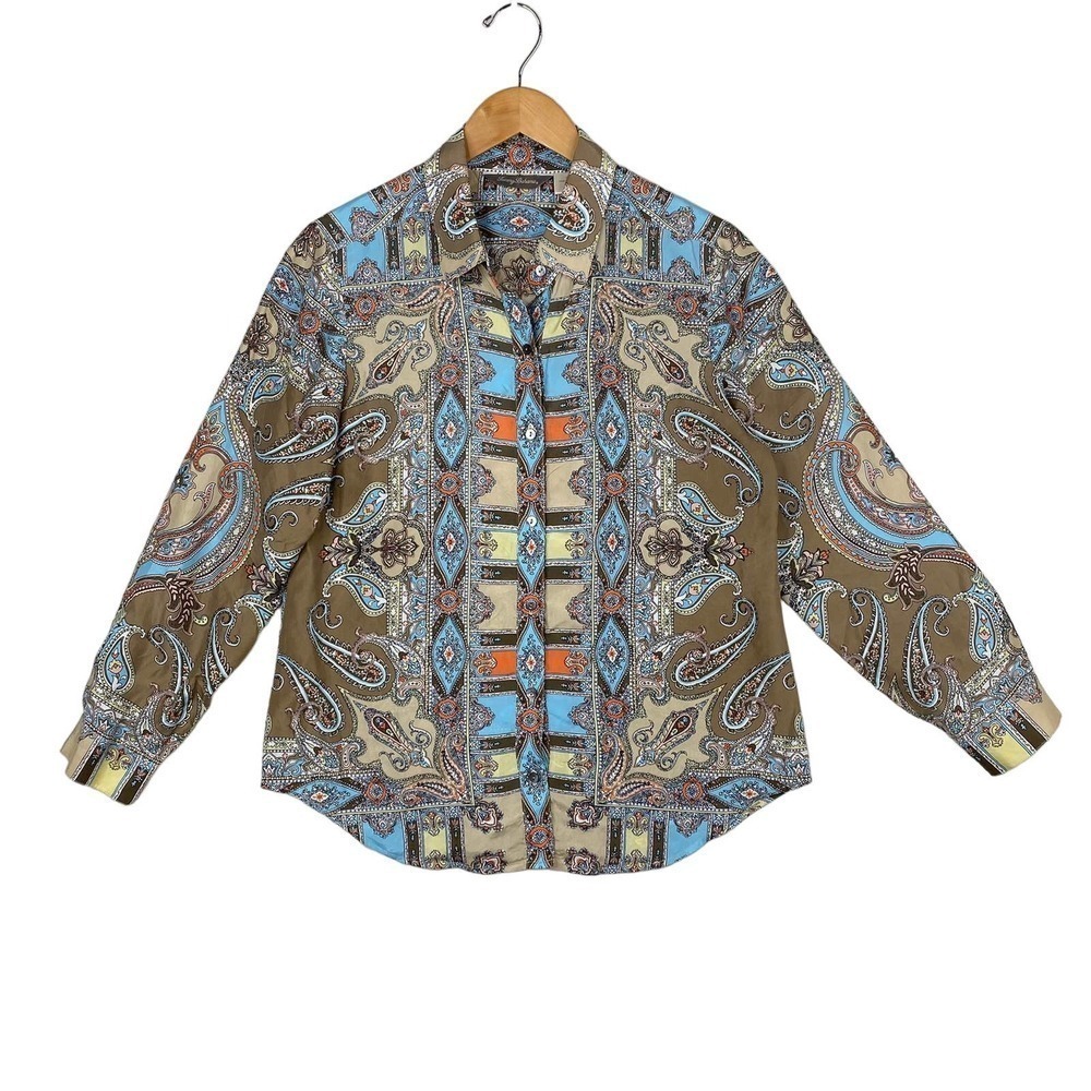 Tommy Bahama Silk Paisley Blue Brown Yellow Floral Print Button Dress Shirt-12